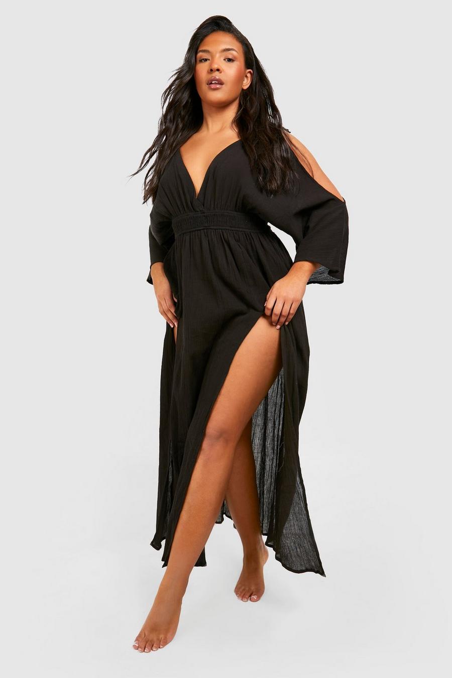Black Plus Cheesecloth Cold Shoulder Maxi Beach Dress image number 1
