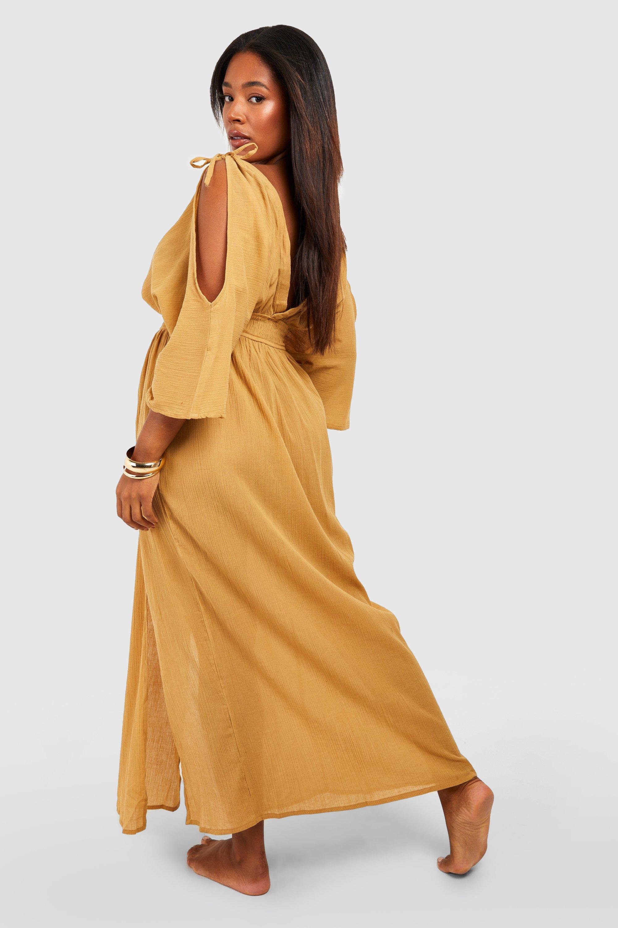 Plus Cheesecloth Cold Shoulder Maxi Beach Dress