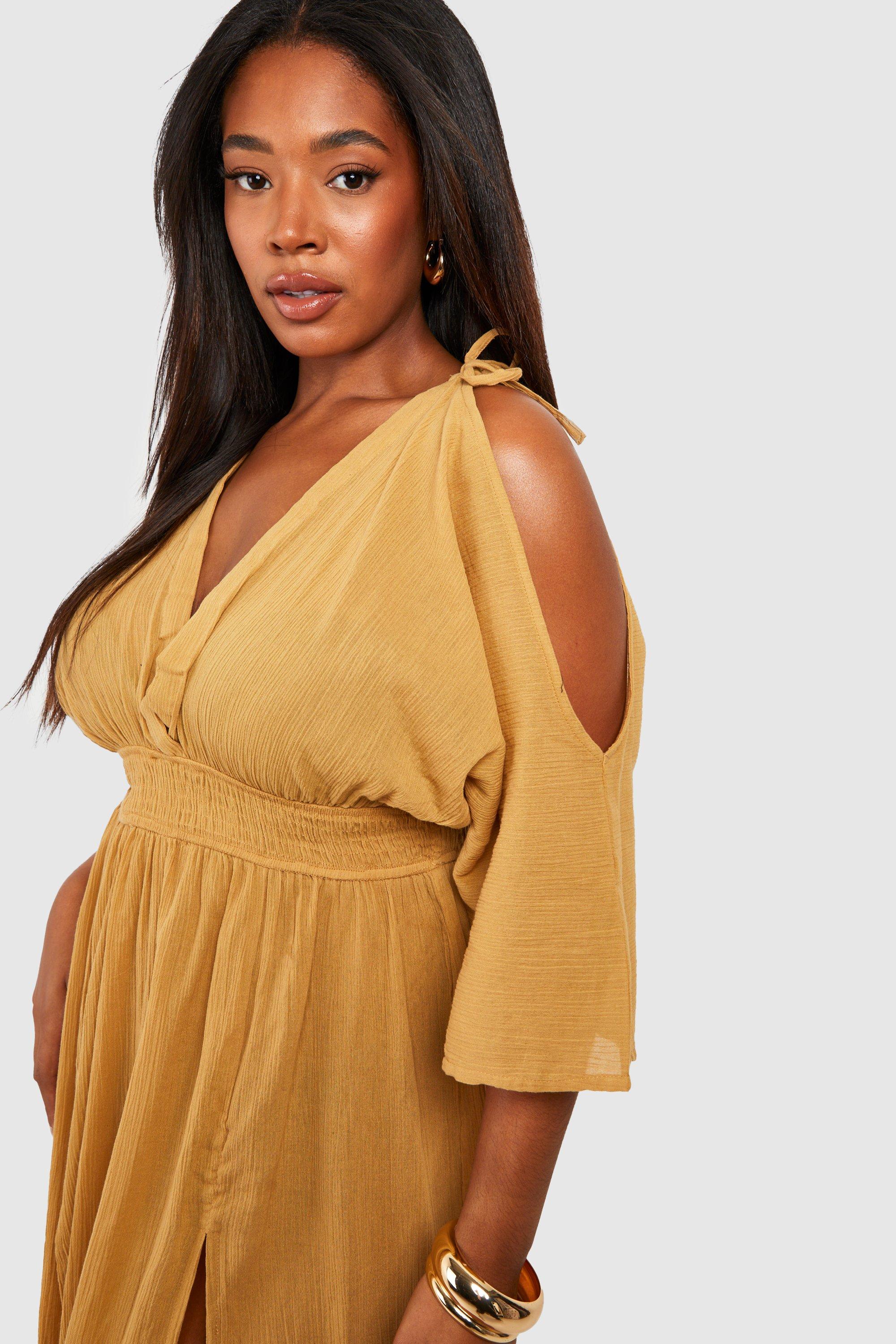 Plus Cheesecloth Cold Shoulder Maxi Beach Dress