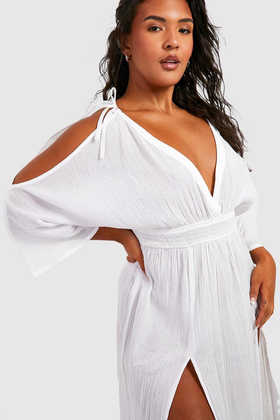 White Plus Cheesecloth Cold Shoulder Maxi Beach Dress image number 1