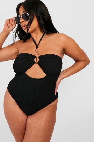 Plus Crinkle Ring Halter Swimsuit black