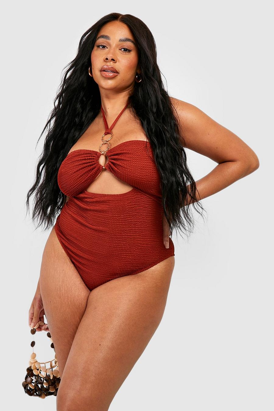 Chocolate Plus Crinkle Ring Halter Swimsuit image number 1