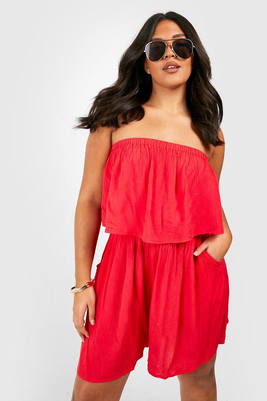 Red rosso Plus Crinkle Rayon Beach Playsuit image number 1
