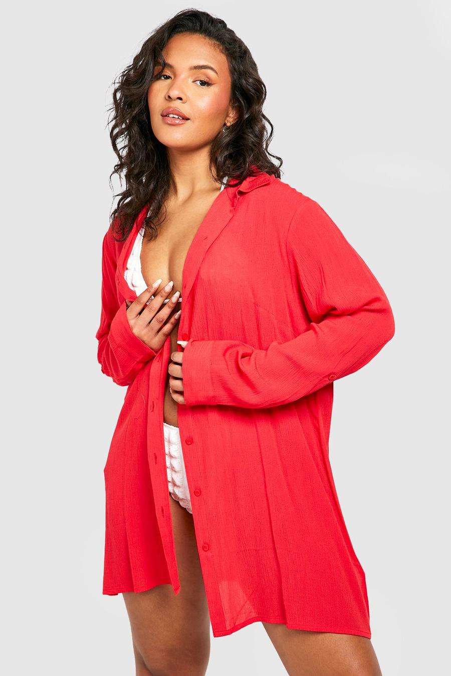 Red Plus Crinkle Rayon Beach Shirt image number 1
