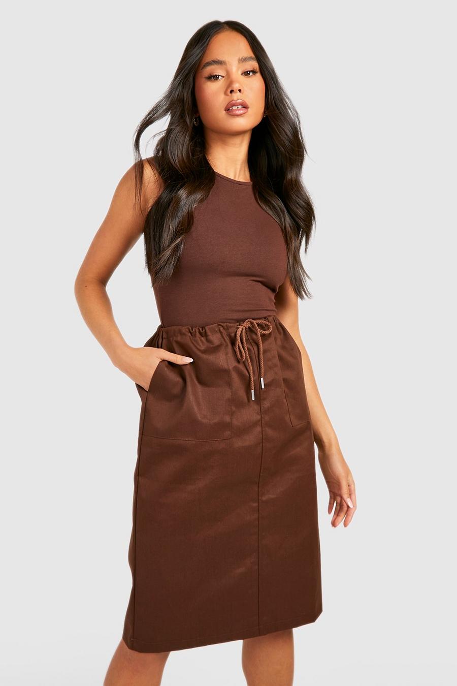 Chocolate brown Petite Woven Drawcord Cargo Midi Skirt image number 1