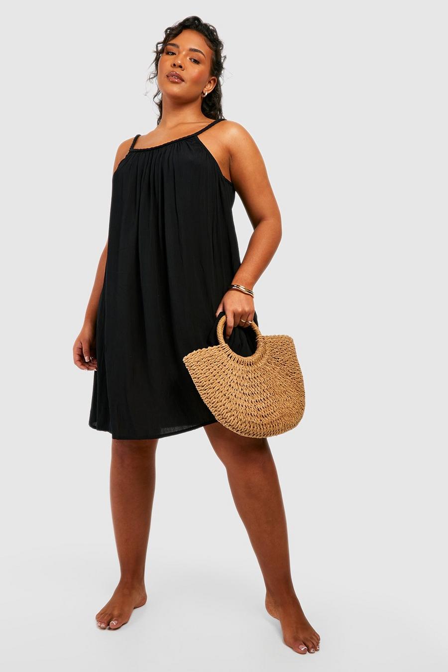 Black Plus Crinkle Rayon Plaited Strap Beach Dress