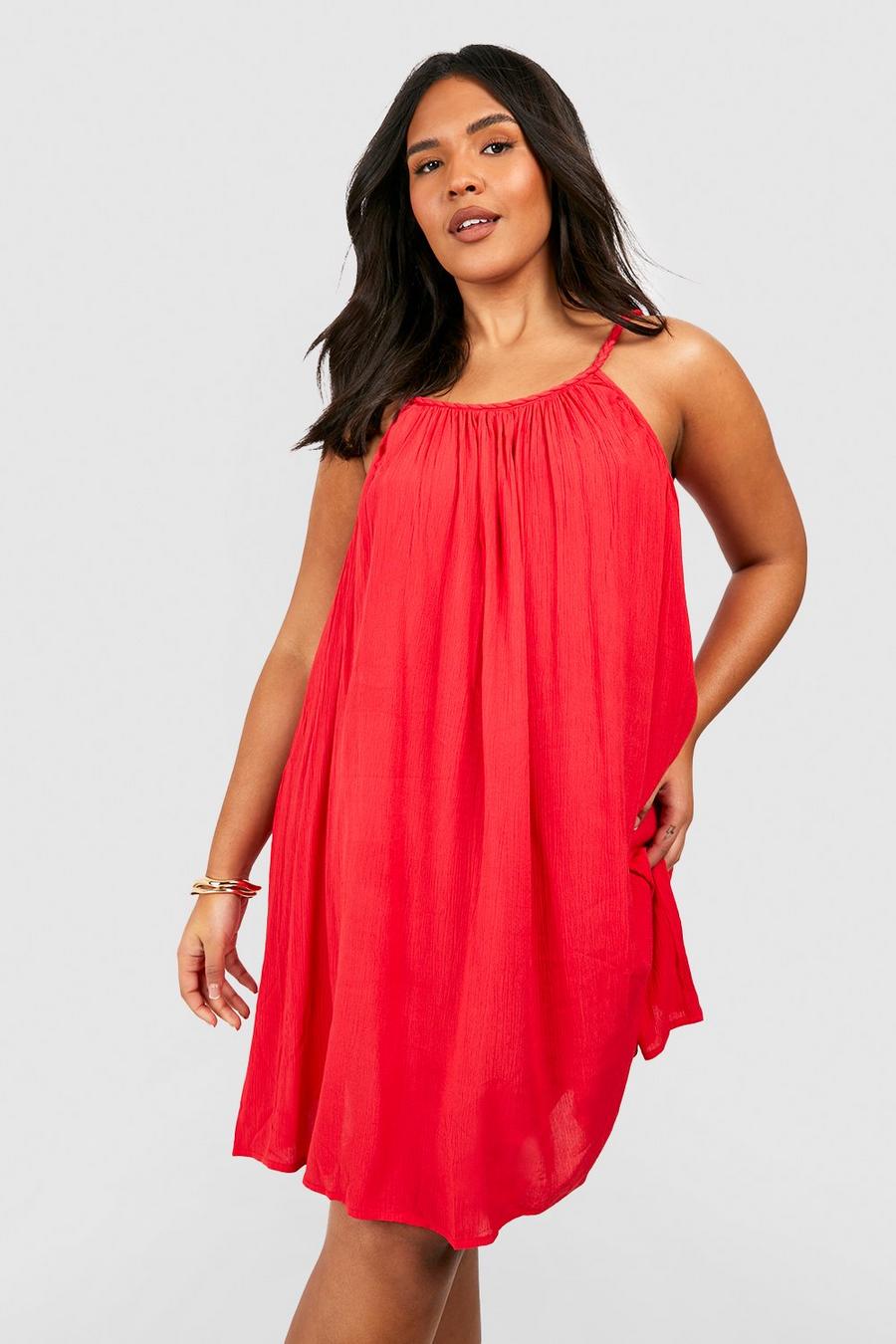 Red Plus Crinkle Rayon Braided Strap Beach Dress