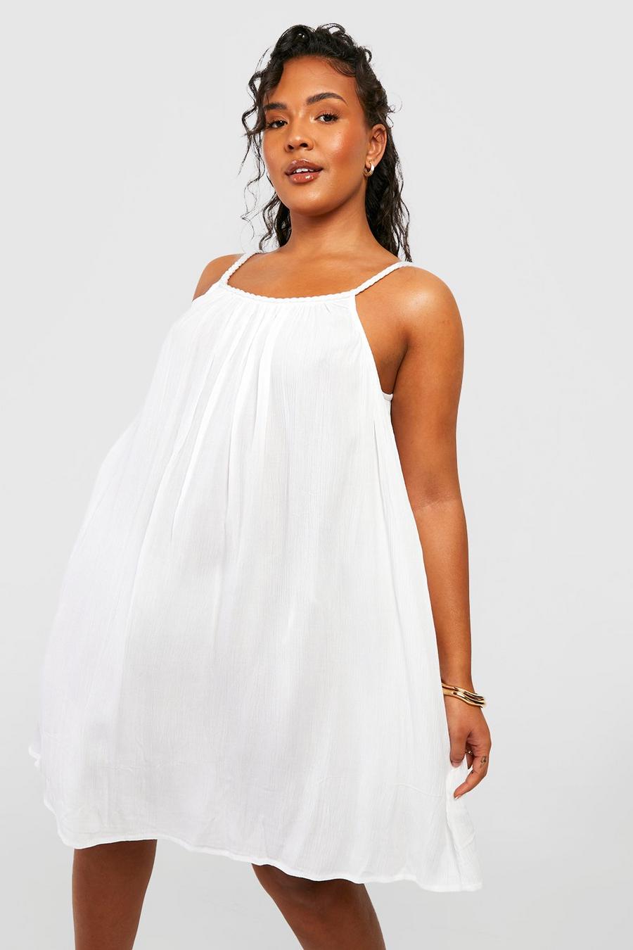 White Plus Crinkle Rayon Braided Strap Beach Dress image number 1