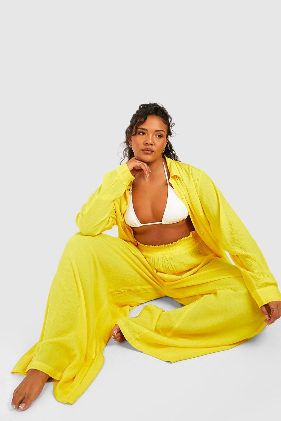 Yellow Plus Crinkle Rayon Beach Trousers  image number 1