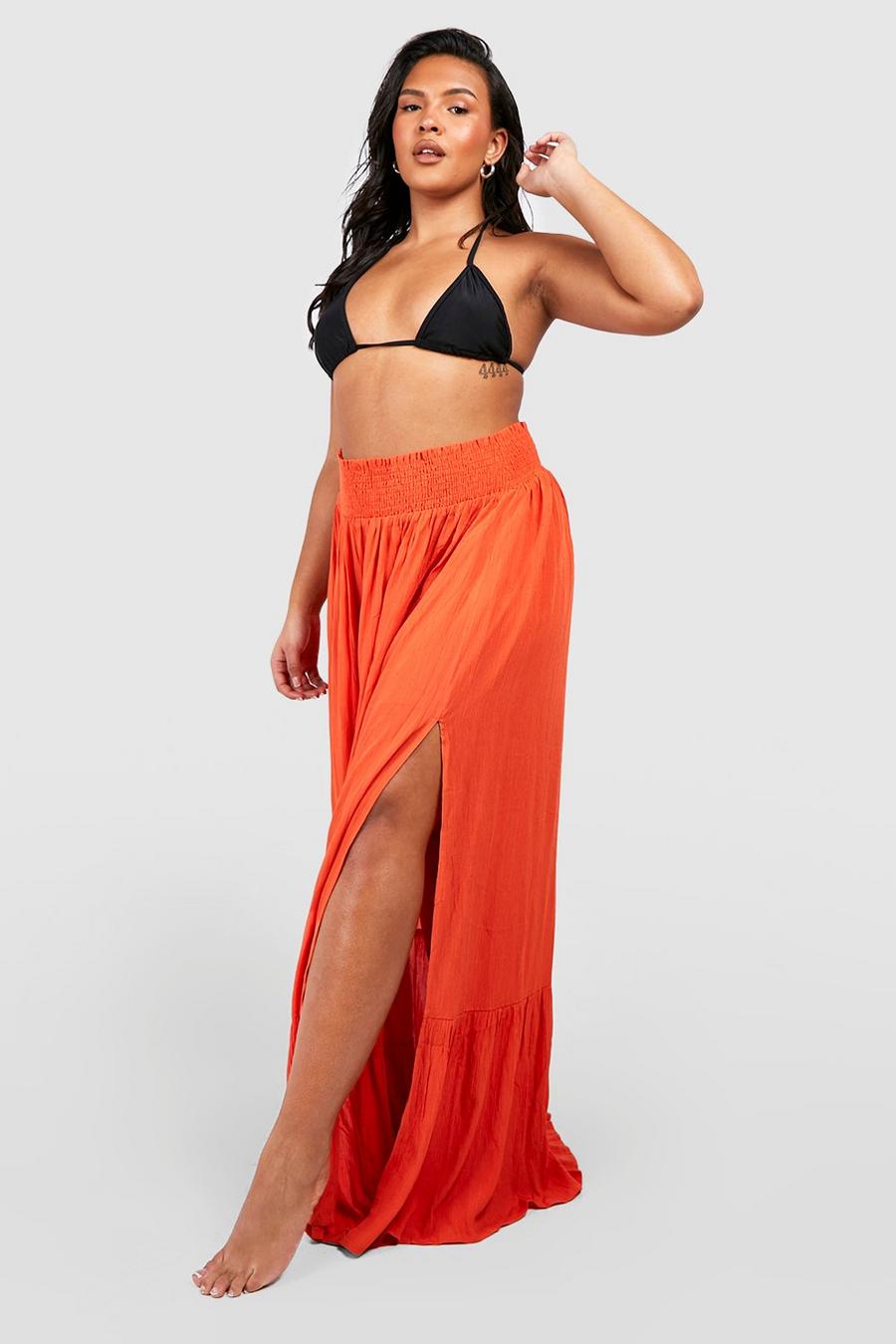 Orange Plus Crinkle Rayon Maxi Beach Skirt image number 1