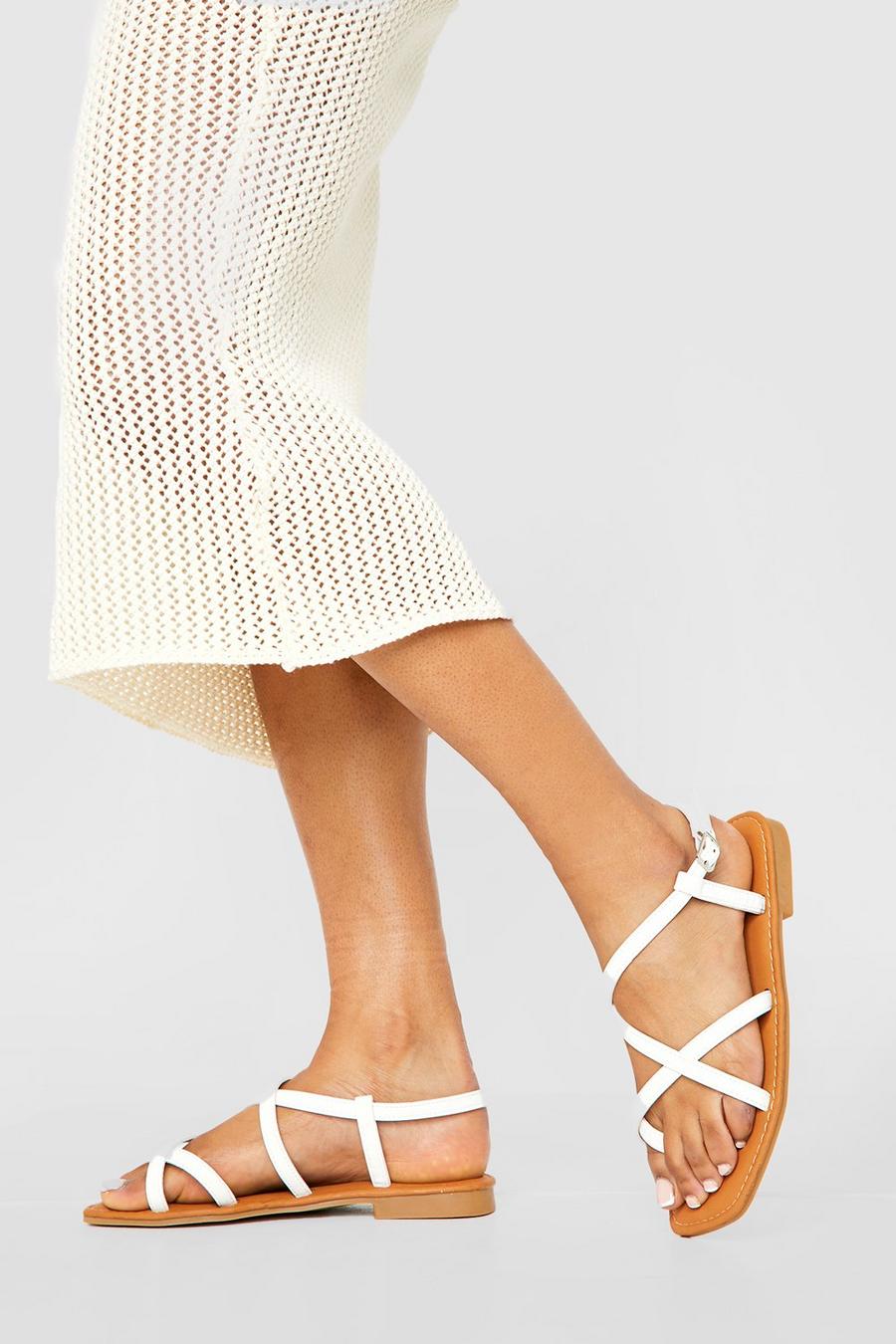 White Wide Width Square Toe Strappy Basic Flat Sandals image number 1