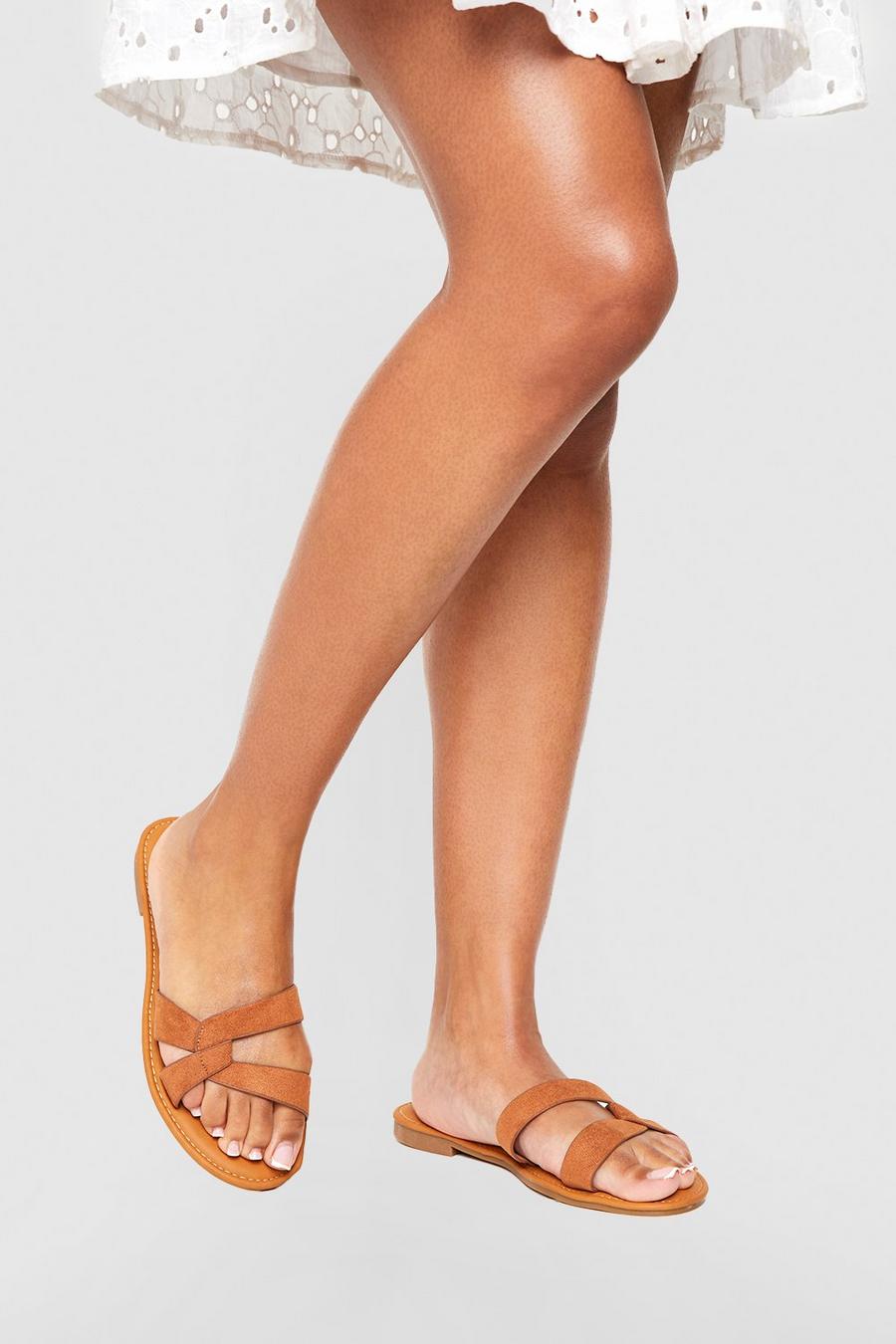 Tan Wide Fit Crossover Strap Basic Mules image number 1