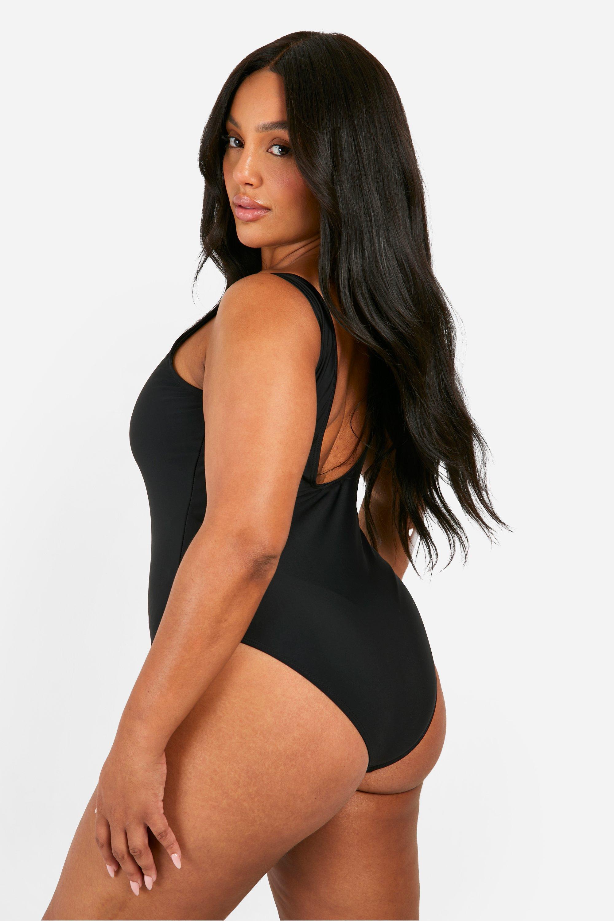 Plus Size Black Plunge Bodycon Tummy Control Swim Dress