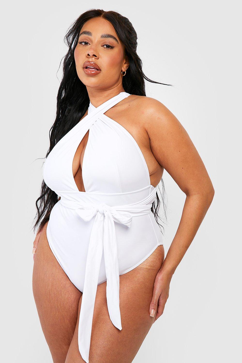 Tawop Plus Size Swimsuit For Women Tummy Control Fashion Women Sexy Solid  Hollow Beach Bikini Cover Up Swimsuit White Size Xl 