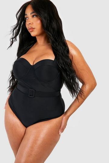 Black Plus Belted Underwired Tummy Control Swimsuit