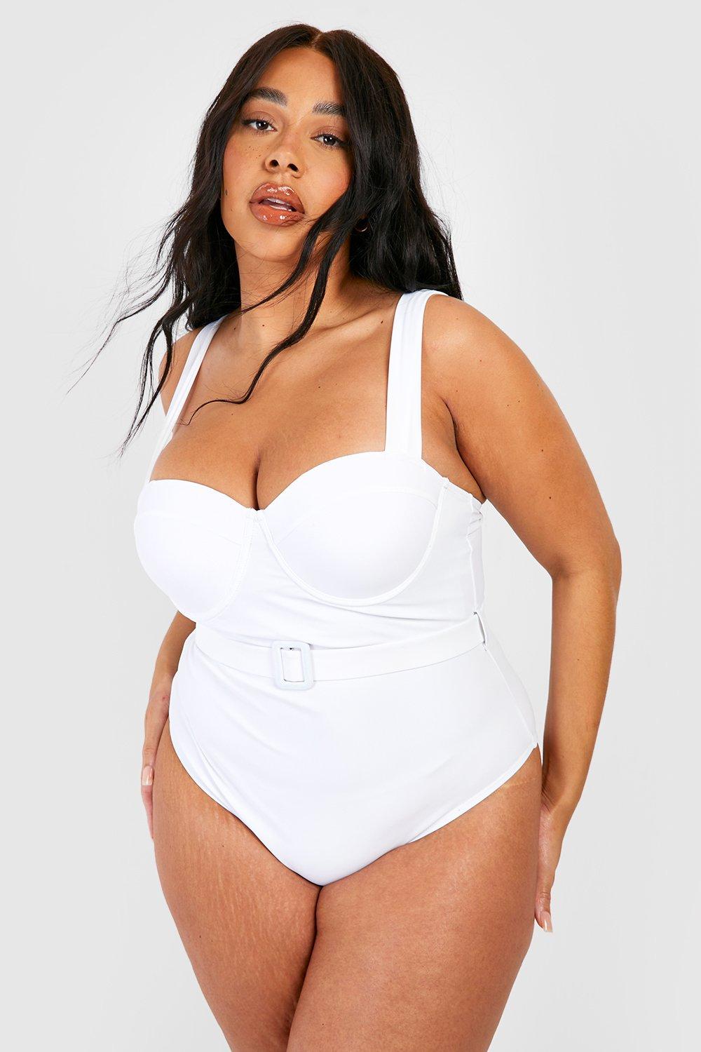 QLEICOM Womens Swimsuits Tummy Control Plus Size Swimsuit Coverup Swim  Cloth Lace Mid-Waist Panties Lining Cotton Briefs White L