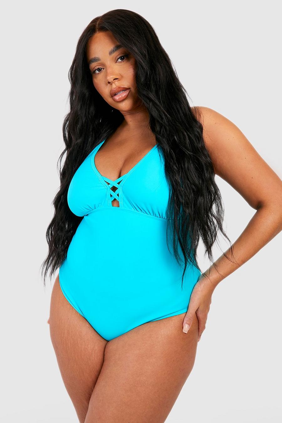 Turquoise Plus Lace Up Tummy Control Swimsuit image number 1