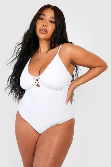 White Plus Lace Up Tummy Control Swimsuit