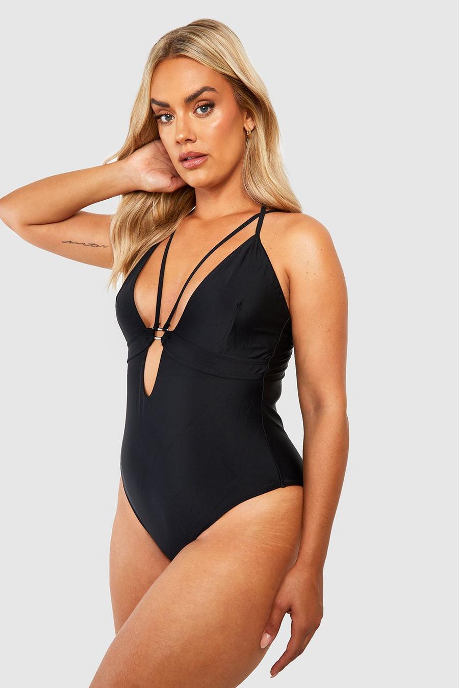 Black Plus Keyhole Strapping Tummy Control Swimsuit image number 1