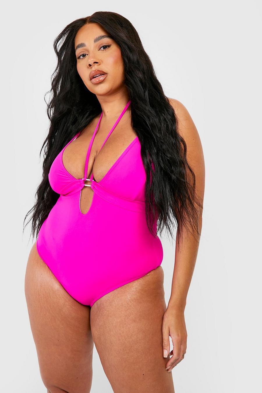 Plus Keyhole Strapping Tummy Control Swimsuit, Pink rosa