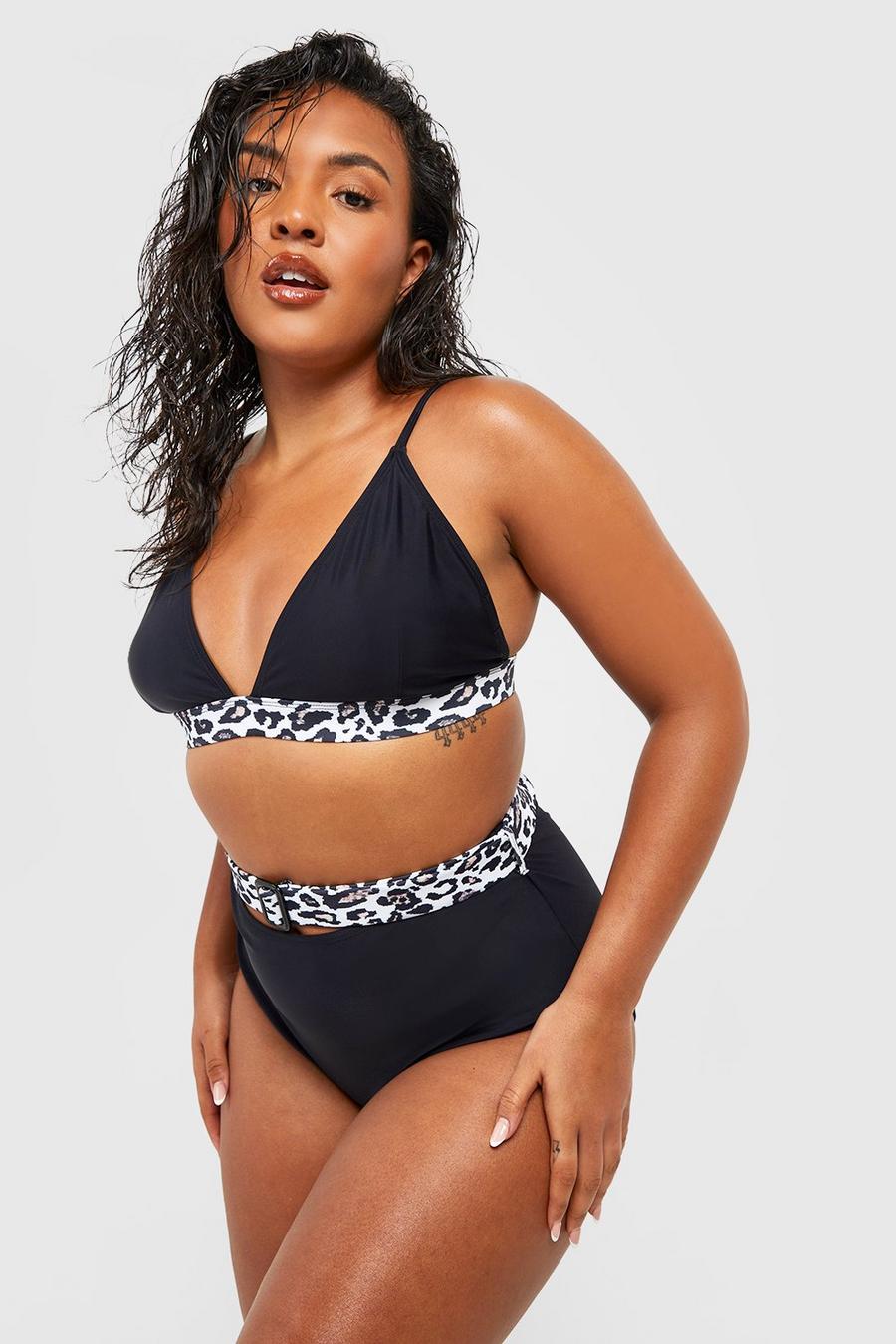 Bikini Plus Size contenitivo leopardato a contrasto sulla pancia, Black image number 1