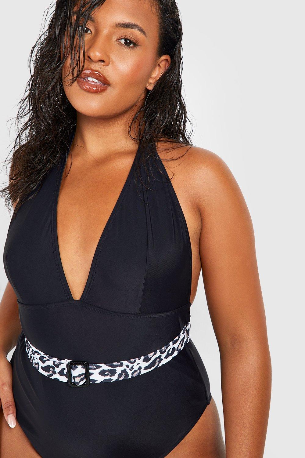 Plus Size Black Ruched Mesh Tummy Control Swimsuit