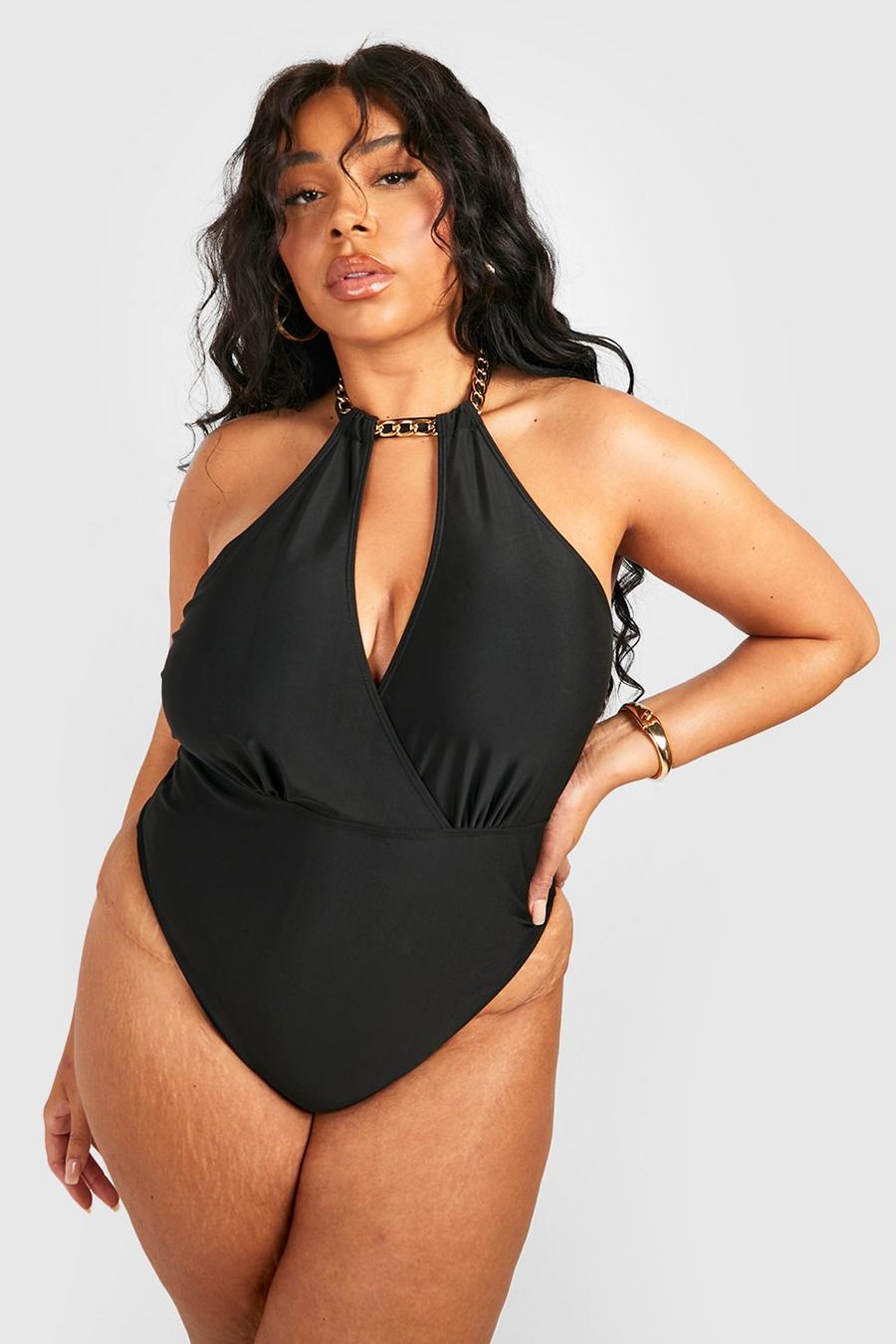 Black Plus Chain Choker Plunge Swimsuit image number 1