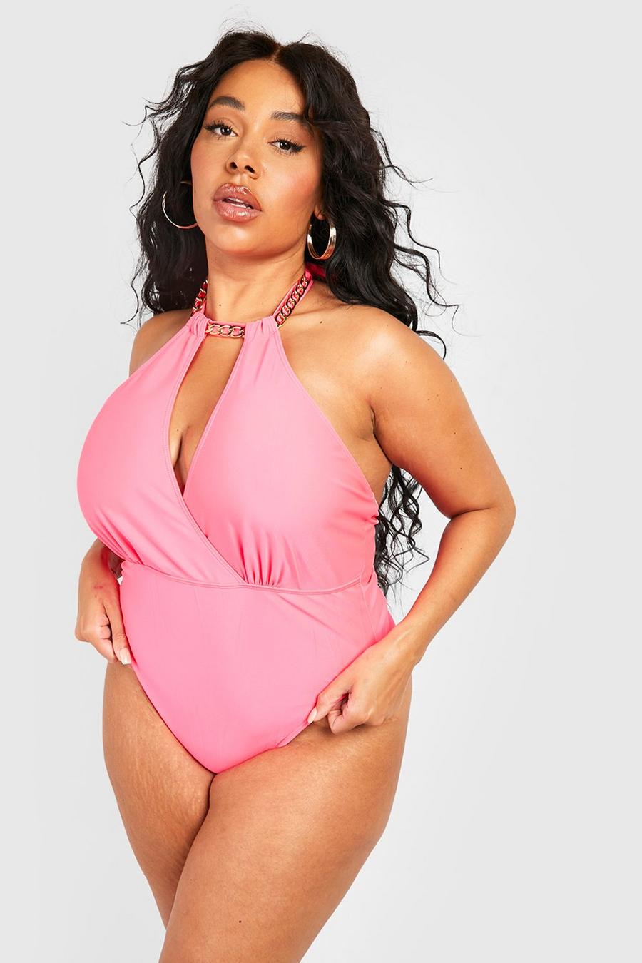 Plus Badeanzug mit Ketten-Choker und tiefem Ausschnitt, Hot pink image number 1