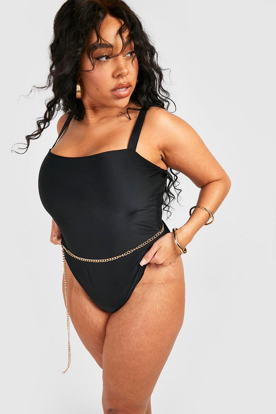 Black Plus Chain Belted Scoop Swimsuit image number 1
