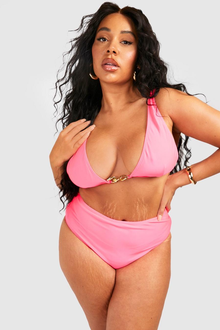 Hot pink Plus Chain Belted High Waist Bikini image number 1
