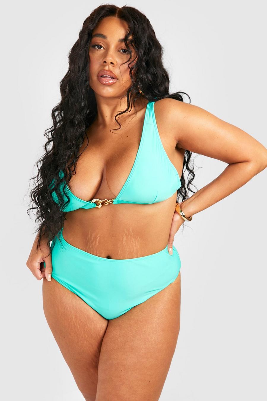 Bikini Plus Size a vita alta con cintura e catena, Turquoise