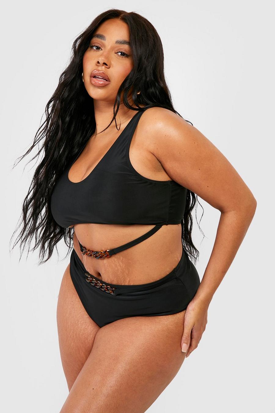 Bikini Plus Size con scollo rotondo e fibbia color tartaruga, Black image number 1