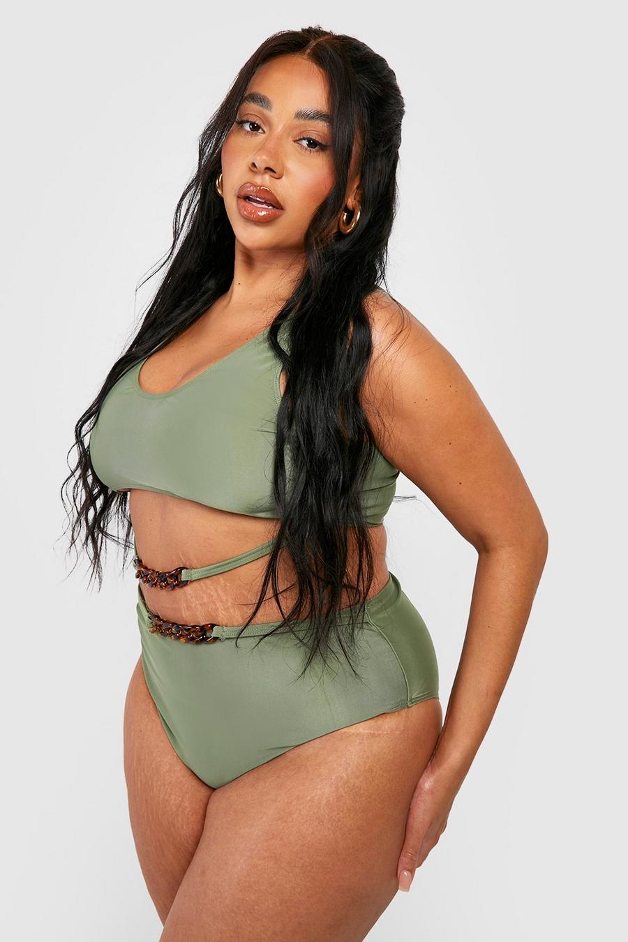 Bikini Plus Size con scollo rotondo e fibbia color tartaruga, Khaki image number 1