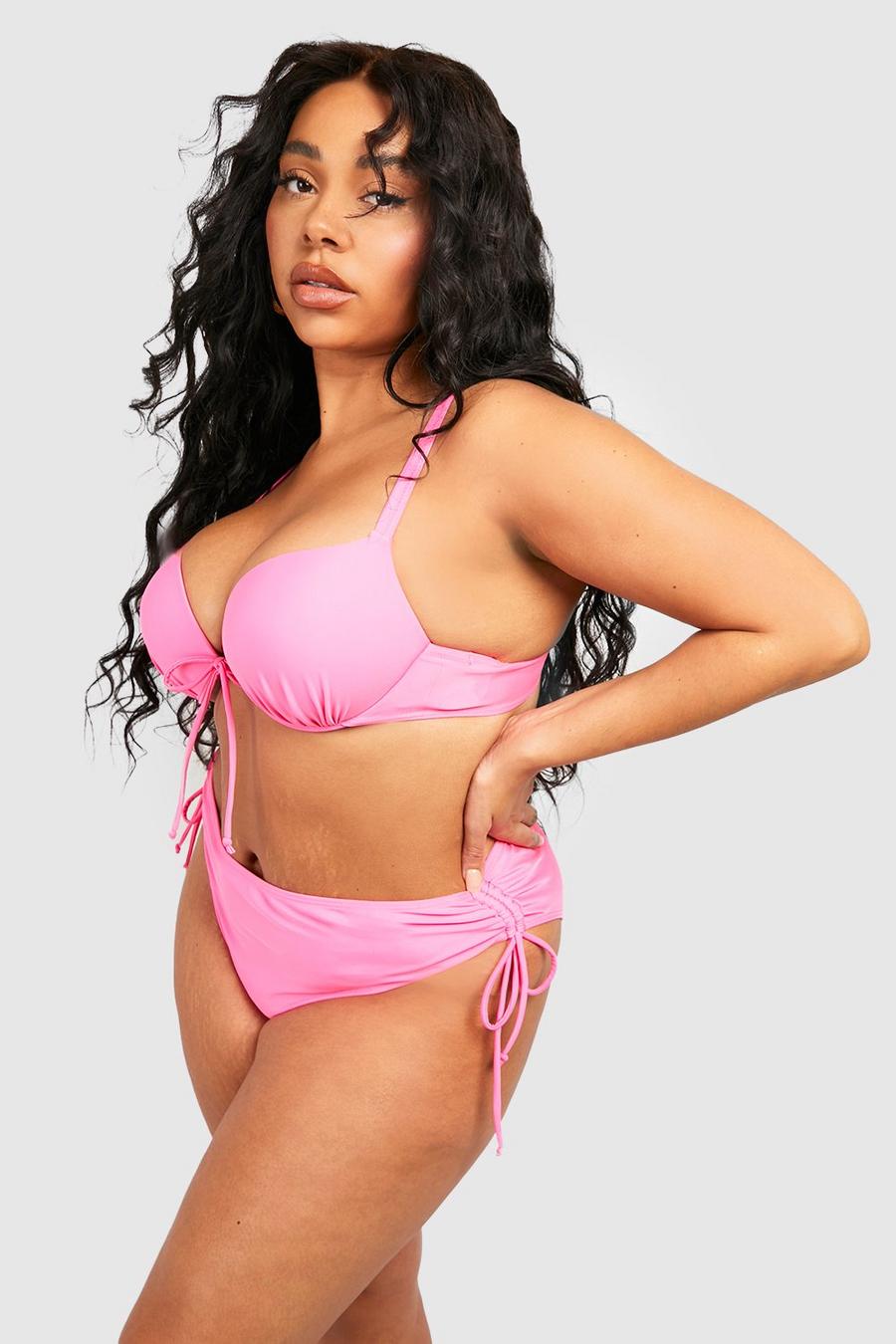 Top bikini Plus Size con ruches e ferretto, Hot pink