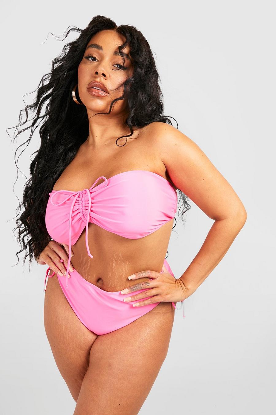 Hot pink Plus Ruched Front Bandeau Bikini Top