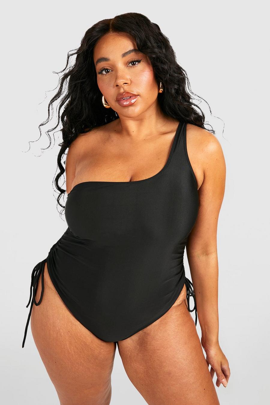 Black Plus Ruched Side Asymmetric Swimsuit image number 1