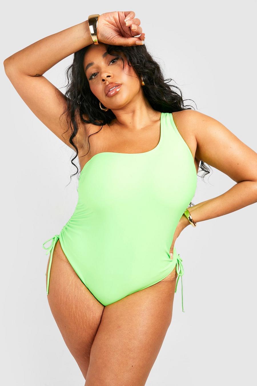 Costume intero Plus Size asimmetrico con ruches laterali, Lime image number 1