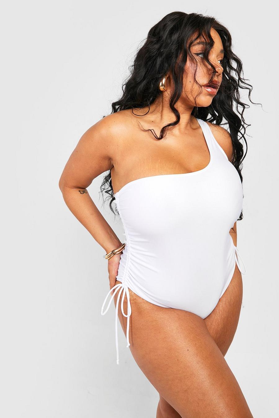 White Plus Ruched Side Asymmetric Swimsuit