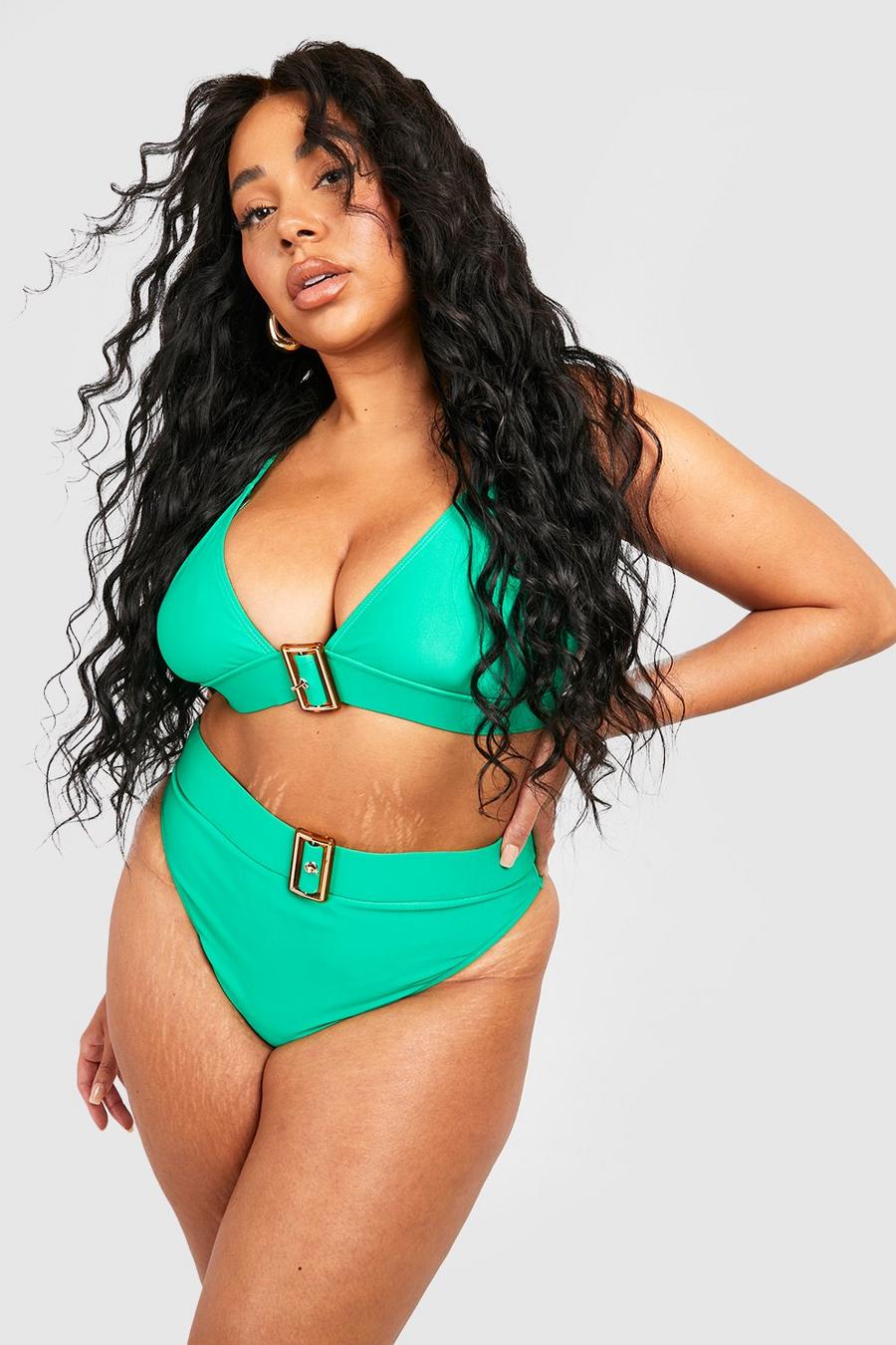 Plus Bikini mit hohem Bund und Schnalle, Green