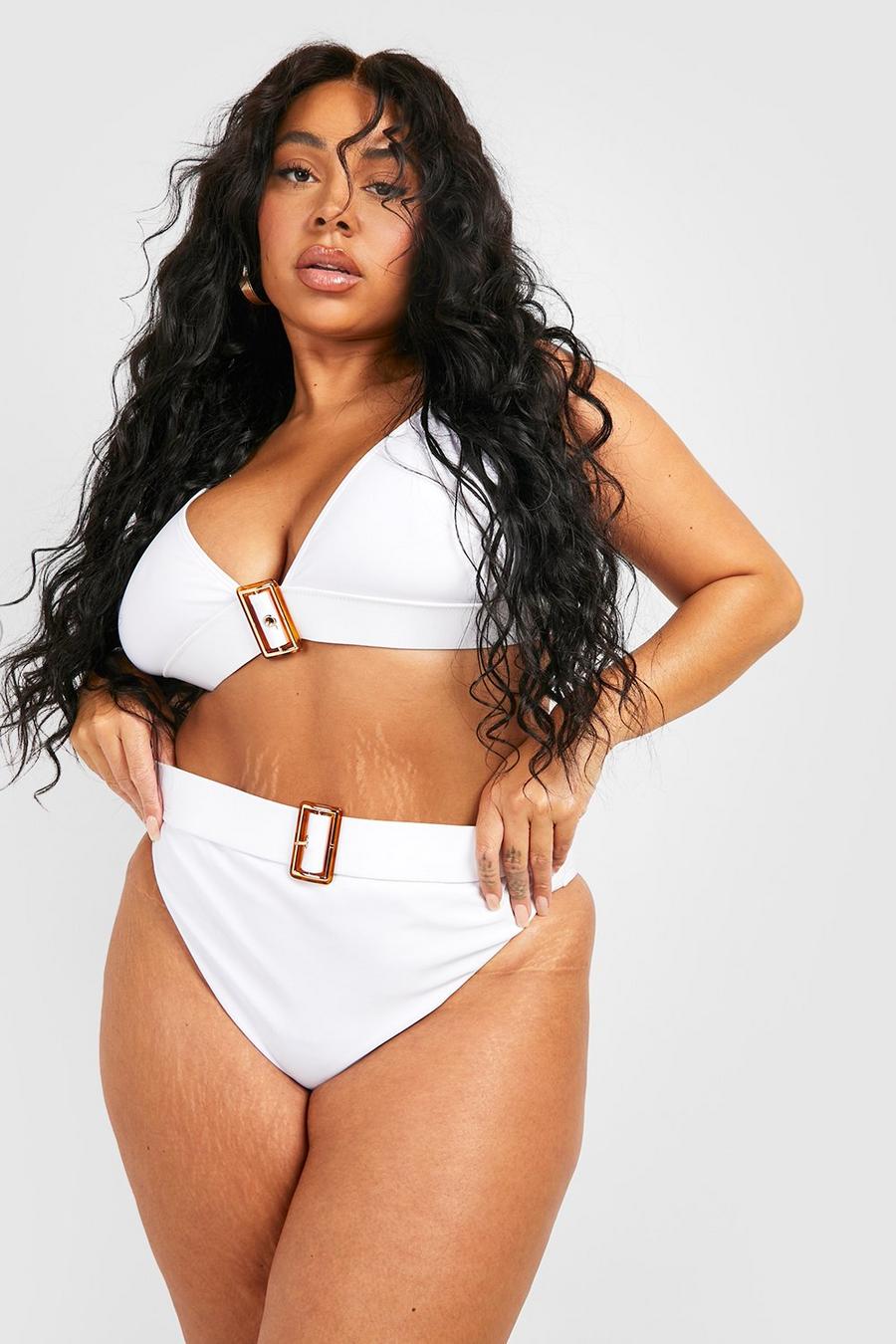 Bikini Plus Size a vita alta con fibbia, White image number 1