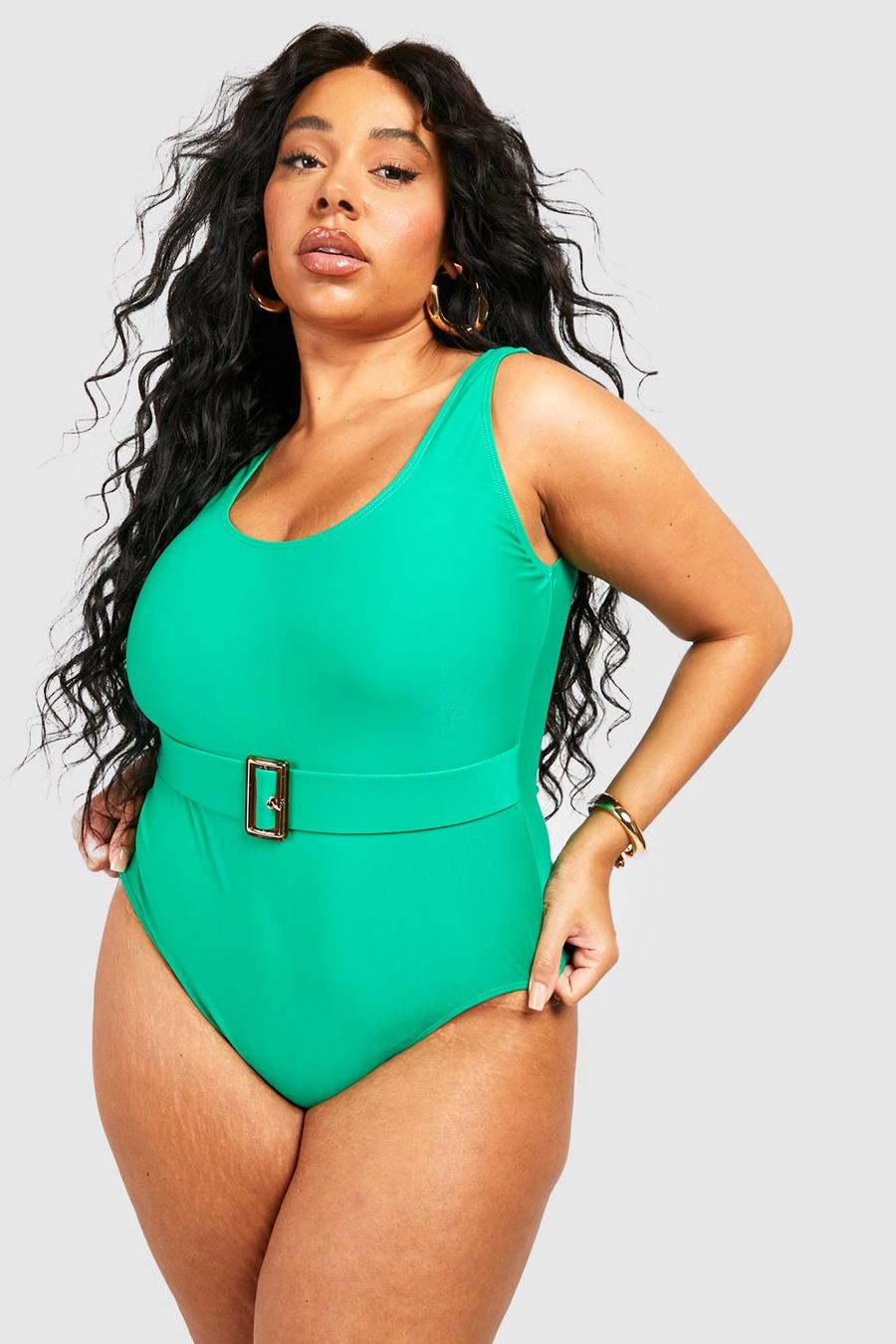 Green grün Plus Buckle Belted Swimsuit