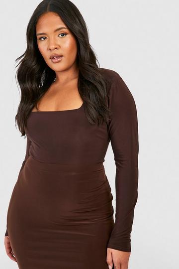 Plus Double Layer Slinky Square Neck Bodysuit chocolate