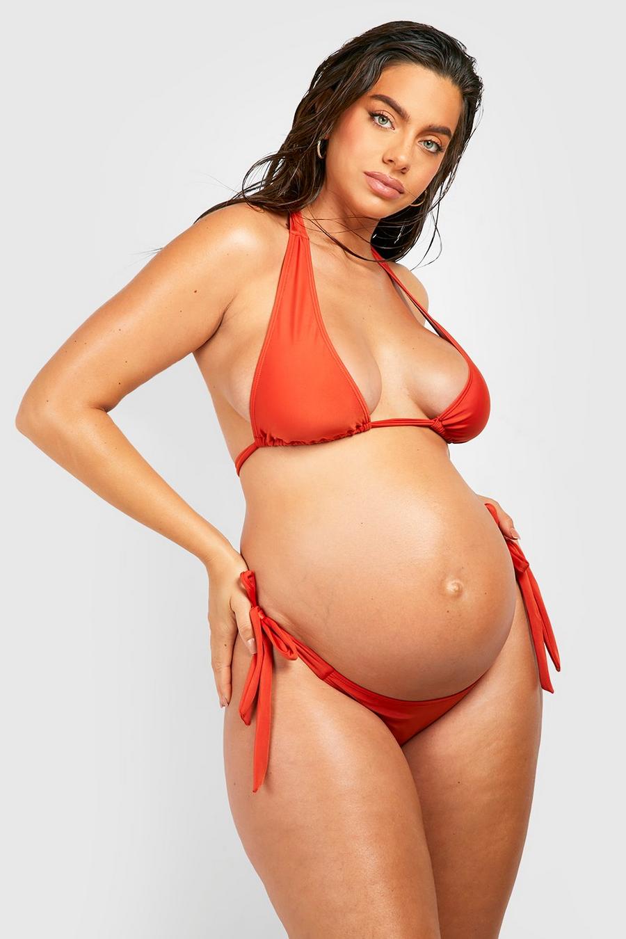 Red Maternity Deep Tie Side Bikini Bottoms image number 1