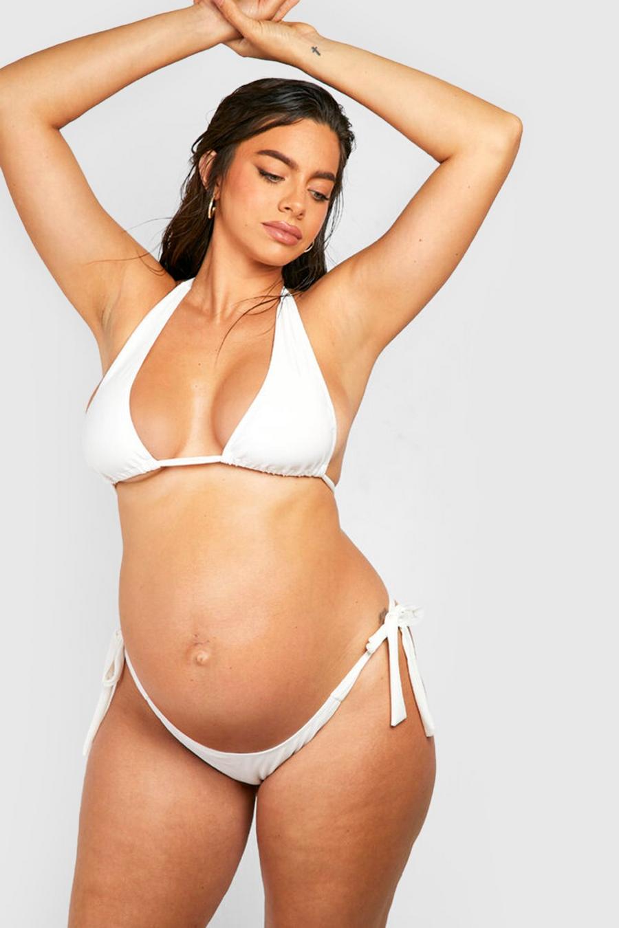 White Maternity Deep Tie Side Bikini Bottoms image number 1