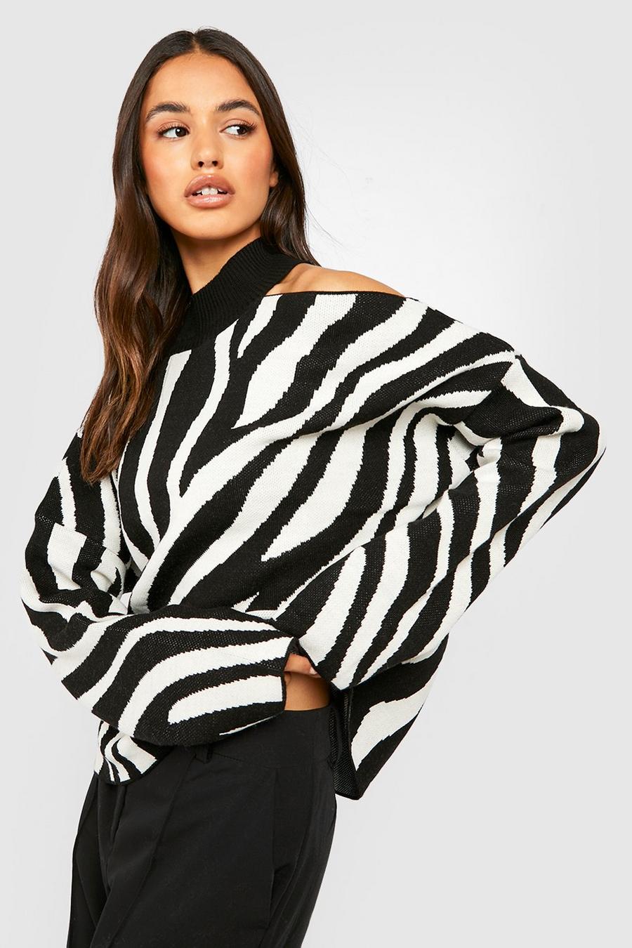 Black Zebra Print Boat Neck Knitted Sweater image number 1