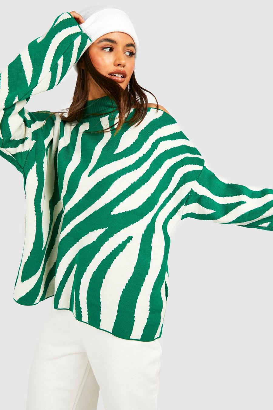 Dark green Zebra Print Slash Neck Knitted Jumper