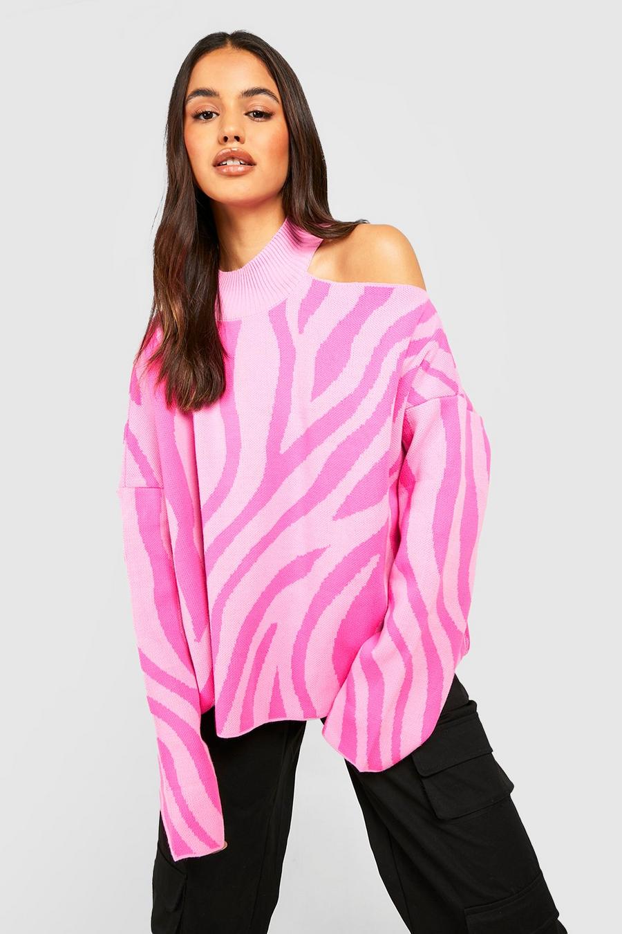 Pink Zebramönstrad stickad tröja med båthals image number 1