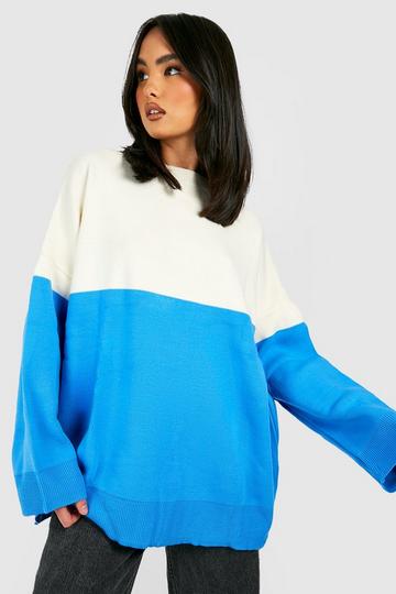 Spliced Crew Neck Knitted Sweater blue