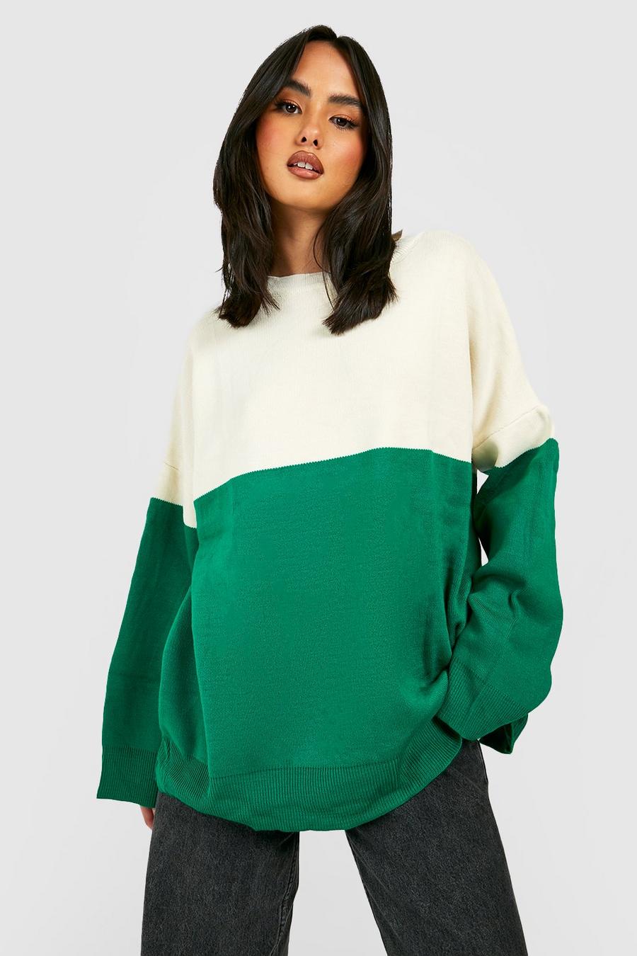 Green Spliced Crew Neck Knitted Jumper image number 1