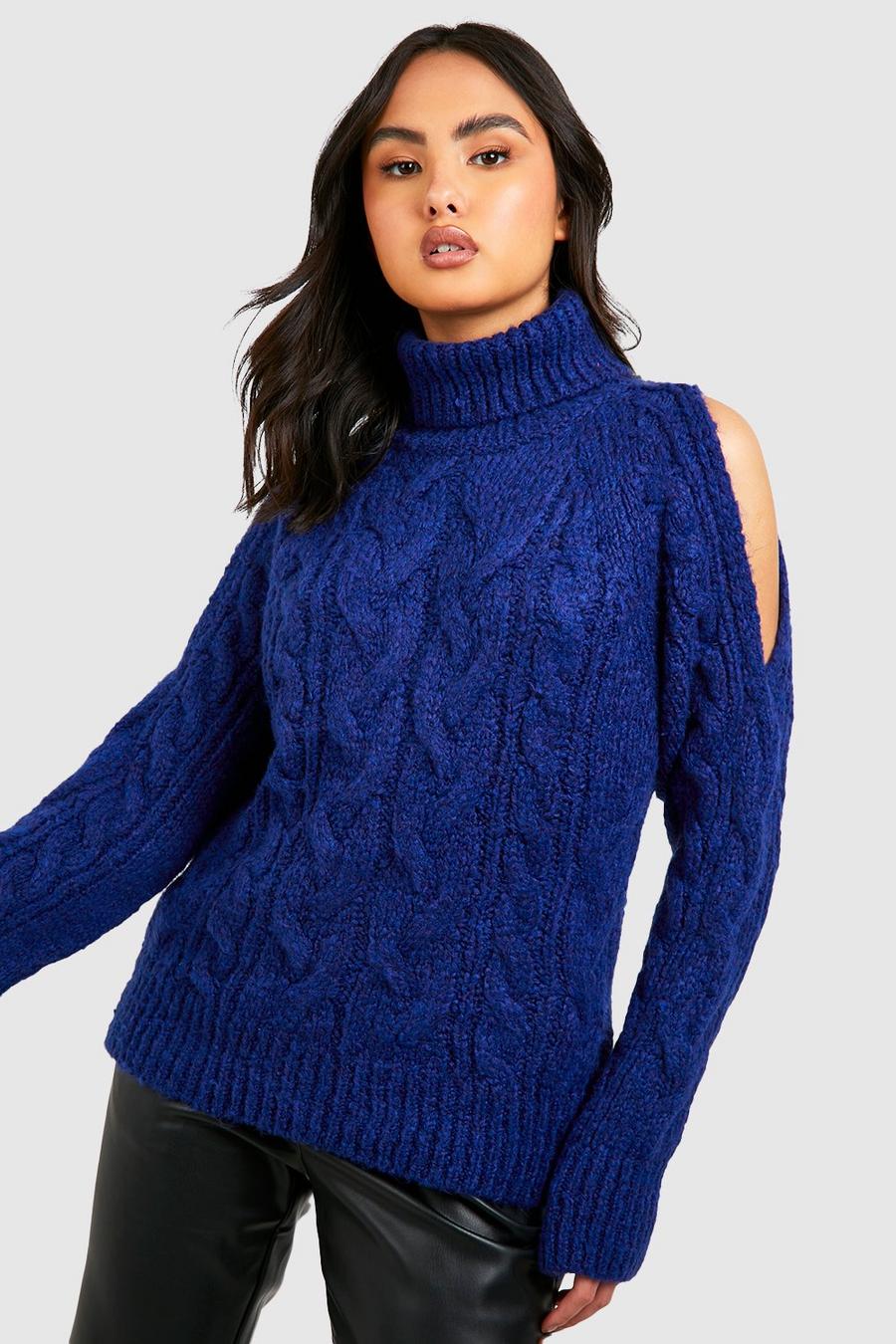 Blue Cable Detail Knitted Roll Neck Jumper